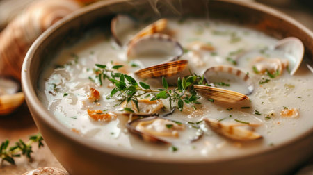 A close-up of a steaming bowl of clam chowder garnished with fresh herbs, inviting the viewer to savor the flavors.の素材