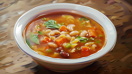 A bowl of traditional Italian minestrone soup with floating pasta, beans, and vegetables, comforting and hearty for any meal.の素材