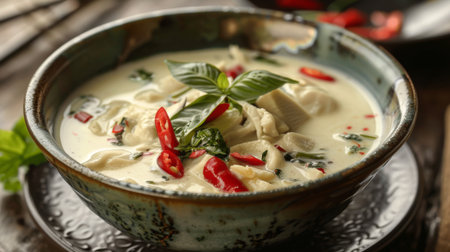 A bowl of coconut milk-based curry with floating chili peppers and herbs, offering a taste of Thai culinary excellence.の素材
