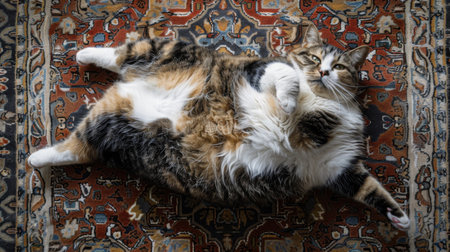 A chubby cat sprawled out on a rug, its round shape and lazy posture indicating its preference for lounging over exercise.の素材