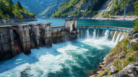 A hydroelectric power plant adjacent to a dam, its turbines harnessing the force of water to generate clean and sustainable energy.の素材