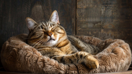 An overweight cat curling up in a cozy bed, its satisfied purrs and relaxed posture indicating its contentment after a big meal.の素材
