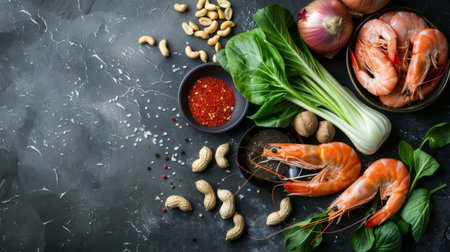 Flying wok ingredients - shrimp, vegetables, pak choi leaves, onions and peanuts. Asian food delivery. Chinese recipes. Wok preparation ingredients. Vertical image.の素材