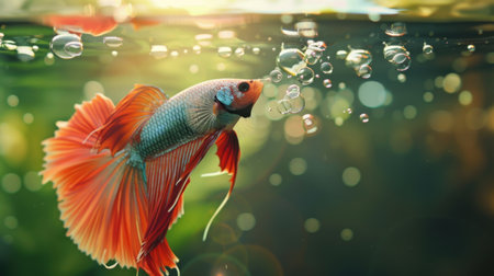 A close-up of a Betta fish blowing bubbles at the water's surface, its playful behavior adding charm and personality to its aquatic home.の素材