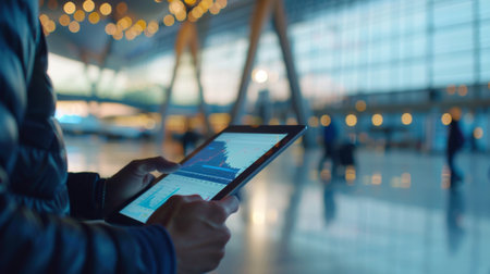 A businessman analyzing financial charts on a tablet while traveling, showcasing remote work and financial management on the go.の素材