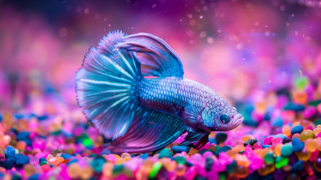 A Betta fish resting on a bed of colorful gravel, its serene posture and vibrant colors creating a captivating focal point in any aquarium.の素材