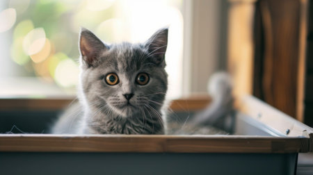 Cute British Shorthair cat in litter box at homeの素材