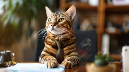Boring job. Bengal cat is a business entrepreneur. Cat in a tie. Fluffy boss in the officeの素材