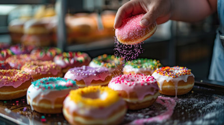A baker sprinkling rainbow-colored sugar crystals over a batch of freshly glazed donuts, adding a whimsical touch to these sweet treats.の素材