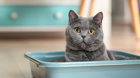 Cute British Shorthair cat in litter box at homeの素材