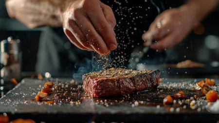 A chef expertly seasoning a premium cut of steak before grilling, showcasing the artistry of steak preparation.の素材