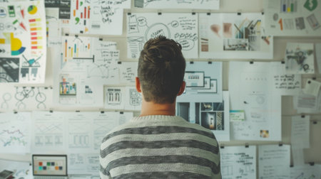 A businessman brainstorming investment ideas while sketching financial graphs and charts on a whiteboard.の素材