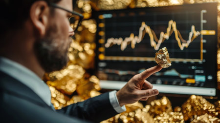 A businessman pointing to a chart showing gold price performance over time during a presentation.の素材