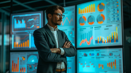 A businessman confidently making decisions based on insights gained from analyzing business graphs.の素材