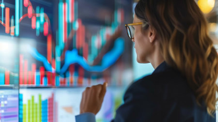 A businesswoman confidently presenting a financial report filled with colorful stock market graphs to her team.の素材