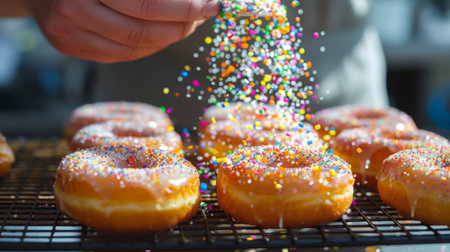 A baker sprinkling rainbow-colored sugar crystals over a batch of freshly glazed donuts, adding a whimsical touch to these sweet treats.の素材