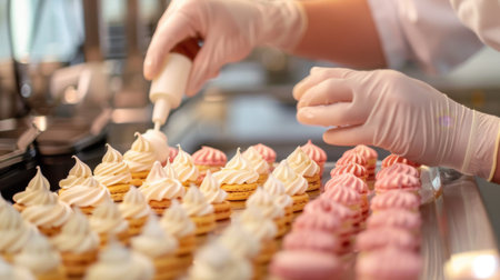 A baker piping meringue onto a tray of delicate macarons, creating a colorful array of French confectionery delights.の素材