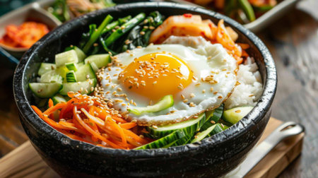 A bowl of traditional Korean bibimbap with floating sunny-side-up egg and assorted vegetables, a flavorful and nutritious meal.の素材