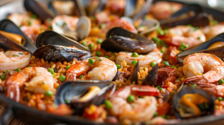 A close-up of a mouthwatering seafood paella dish, brimming with shrimp, mussels, clams, and squid, served in a traditional pan.の素材