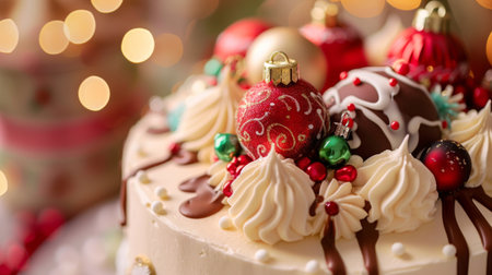 A close-up of a festive holiday cake decorated with edible ornaments and festive designs, bringing joy and sweetness to celebrations.の素材