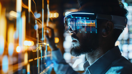 A businessman using augmented reality glasses to visualize gold market data and trends in a futuristic finance concept.の素材