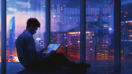 A cityscape backdrop behind a businessman studying stock market graphs on a tablet during a lunch break.の素材