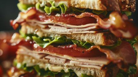 A close-up of a stacked club sandwich with layers of turkey, bacon, lettuce, tomato, and mayonnaise, ready to be enjoyed for lunch.の素材