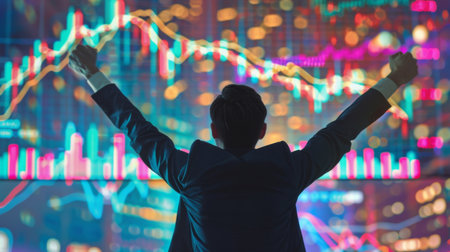 A businessman celebrating success with arms raised in front of a screen showing soaring gold price graphs.の素材