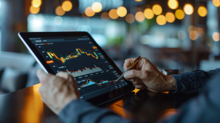 A businessman analyzing gold market trends on a tablet device with interactive price graphs.の素材