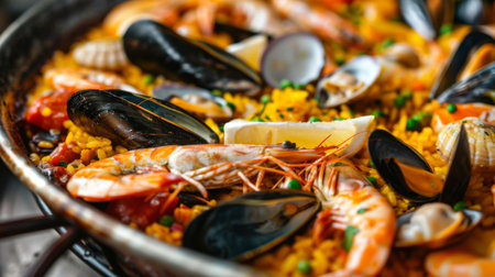 A close-up of a mouthwatering seafood paella dish, brimming with shrimp, mussels, clams, and squid, served in a traditional pan.の素材
