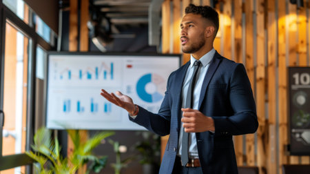 A CEO delivering a compelling presentation on company performance, backed by engaging graphs and charts.の素材