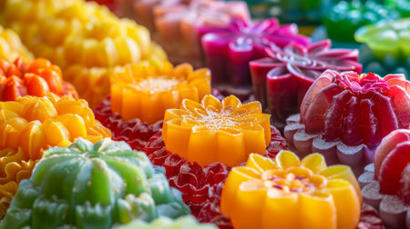 A close-up of colorful Thai desserts like Khanom Thai and Thong Yot, highlighting the intricacy of Thai sweets.の素材
