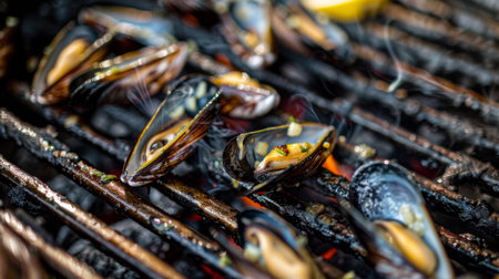 A close-up of mussels being grilled on a barbecue with a smoky char, ready to be enjoyed with a squeeze of lemon.の素材