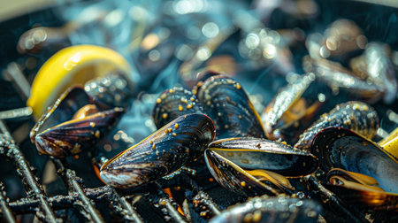 A close-up of mussels being grilled on a barbecue with a smoky char, ready to be enjoyed with a squeeze of lemon.の素材