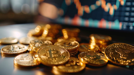 A close-up of gold coins and jewelry on a table with gold price graphs displayed on a laptop screen, illustrating the relationship between physical assets and market data.の素材