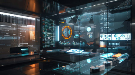 A futuristic workspace with holographic projections displaying dynamic business graphs and data.の素材