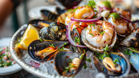 A colorful seafood platter featuring a variety of cooked and raw clams, mussels, and scallops, served on ice.の素材