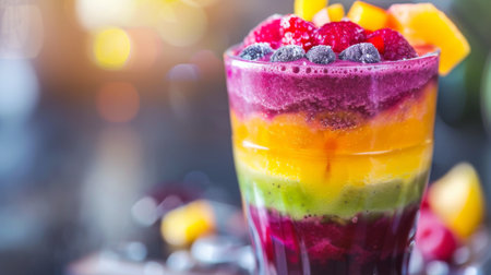 A glass of colorful rainbow smoothie with layers of different fruit purees, each layer delicately floating above the next.の素材
