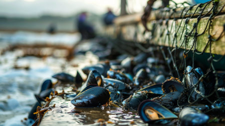 A close-up of mussels being harvested from a wooden pier in shallow coastal waters, showcasing sustainable seafood practicesの素材