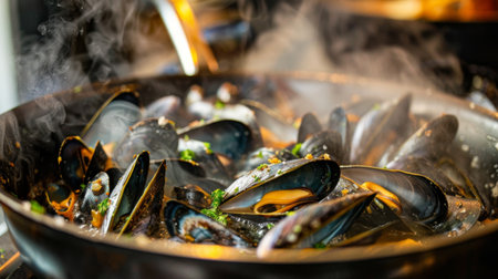 A close-up of mussels steaming in a pot with aromatic herbs and spices, releasing tantalizing scents in a home kitchen.の素材