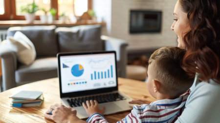 A family reviewing their monthly budget on a laptop, with pie charts and expense graphs visible.の素材
