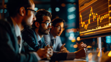 A group of financial experts discussing gold market trends and analyzing gold price graphs during a strategy session.の素材
