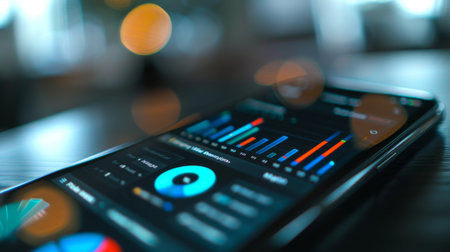 A close-up shot of a smartphone screen displaying a business graph app with real-time data updates.の素材