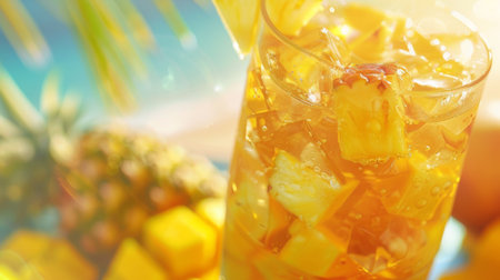 A glass of tropical fruit punch with floating pineapple and mango chunks, evoking images of sunny beaches and relaxation.の素材