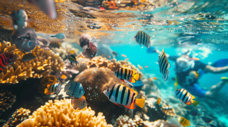 A group of tourists snorkeling in crystal-clear waters, exploring vibrant coral reefs teeming with colorful fish and marine life.の素材