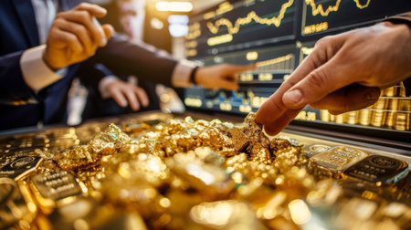 A group of investors discussing gold market strategies while pointing at a gold price graph, symbolizing collaborative decision-making.の素材