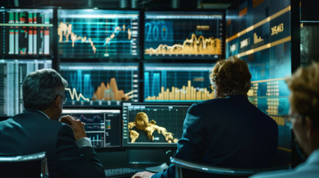 A group of financial experts discussing gold market trends and analyzing gold price graphs during a strategy session.の素材