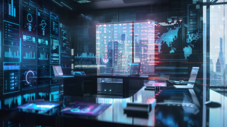 A futuristic workspace with holographic projections displaying dynamic business graphs and data.の素材