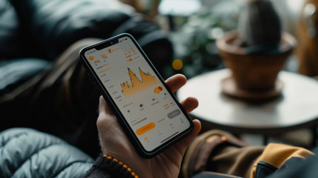 A hand holding a smartphone displaying a gold trading app with live price graphs and trading options.の素材