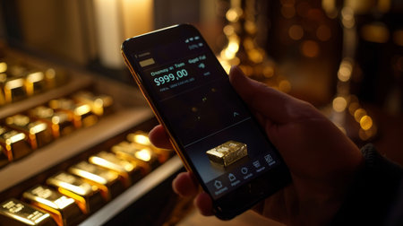 A hand holding a smartphone with a gold market app open, displaying real-time gold price fluctuations and trends.の素材